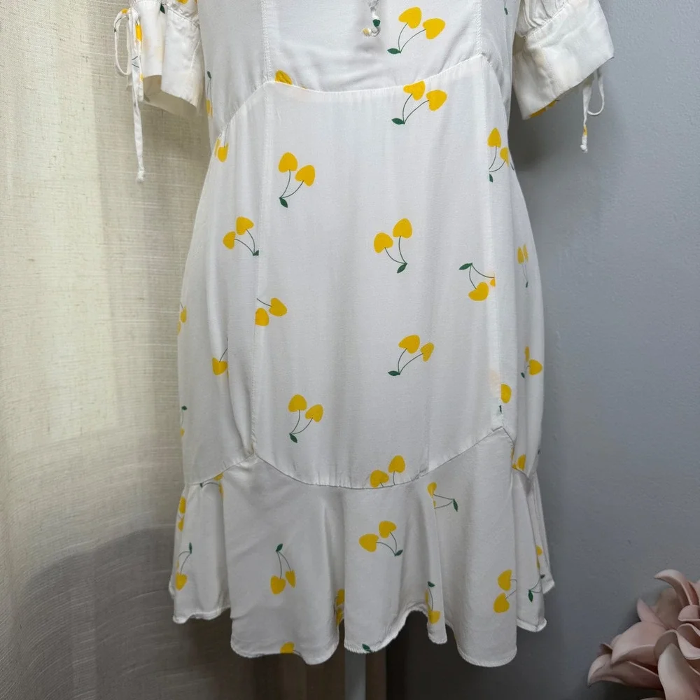 For Love & Lemons Ashland Cherry Print‎ Lace Up Ruffle Mini Dress White Medium
